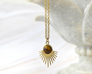 Tigers Eye Necklace: Stainless Steel Sunburst Pendant