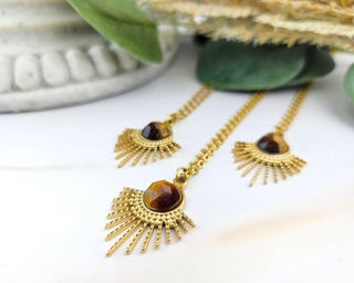 Tigers Eye Necklace: Stainless Steel Sunburst Pendant