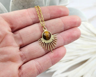 Tigers Eye Necklace: Stainless Steel Sunburst Pendant