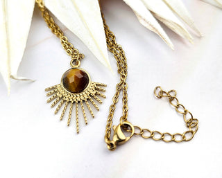 Tigers Eye Necklace: Stainless Steel Sunburst Pendant