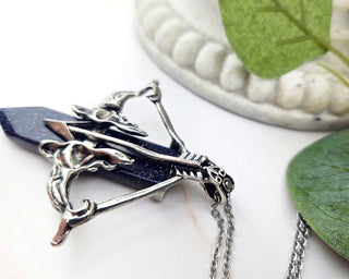 Blue Goldstone Archery Necklace: Stainless Steel Bow & Arrow Pendant