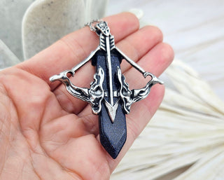 Blue Goldstone Archery Necklace: Stainless Steel Bow & Arrow Pendant