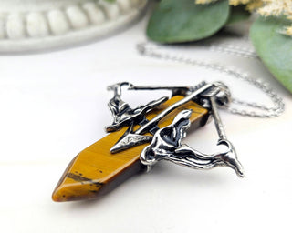 Tiger's Eye Pendant Necklace: Silver Bow Arrow Charm, 24-Inch Chain