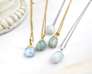 Raw Aquamarine Pendant Necklace: Natural Gemstone, Stainless Steel Chain