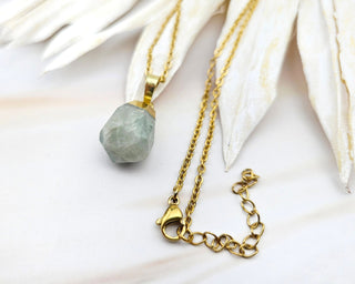 Raw Aquamarine Pendant Necklace: Natural Gemstone, Stainless Steel Chain