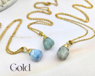 Raw Aquamarine Pendant Necklace: Natural Gemstone, Stainless Steel Chain