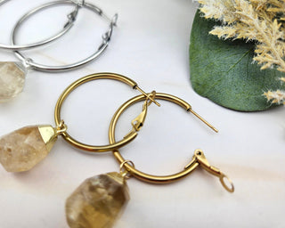 Citrine Hoop Earrings: Natural Gemstone, Stainless Steel, Hypoallergenic