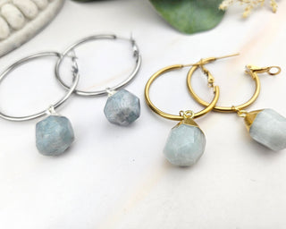 Aquamarine Dangle Hoop Earrings: Stainless Steel, Natural Gemstone