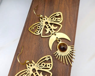 Luna Moth Tigers Eye Earrings: Gold Crescent Moon Celestial Jewelry