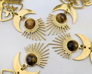 Luna Moth Tigers Eye Earrings: Gold Crescent Moon Celestial Jewelry