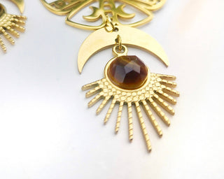 Luna Moth Tigers Eye Earrings: Gold Crescent Moon Celestial Jewelry