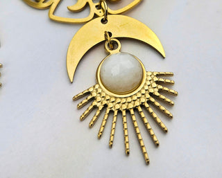 Moonstone Moth Earrings: Stainless Steel Crescent Moon Sunburst Pendant