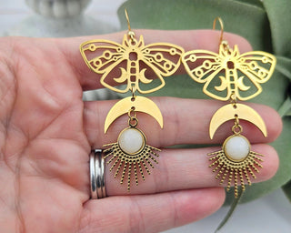 Moonstone Moth Earrings: Stainless Steel Crescent Moon Sunburst Pendant