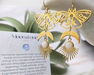 Moonstone Moth Earrings: Stainless Steel Crescent Moon Sunburst Pendant
