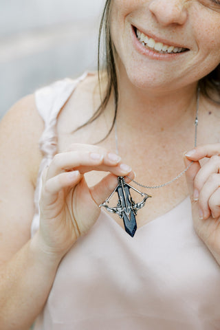 Blue Goldstone Archery Necklace: Stainless Steel Bow & Arrow Pendant