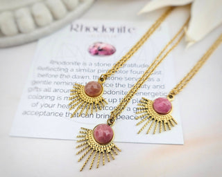 Rhodonite Gemstone Sunburst Necklace: Stainless Steel Celestial Pendant