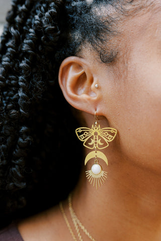 Moonstone Moth Earrings: Stainless Steel Crescent Moon Sunburst Pendant
