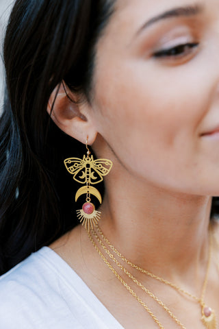 Rhodonite Earrings - Crescent Moon Earrings - Egyptian Jewelry - Moon Phase Earrings (019)