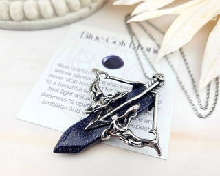 Blue Goldstone Archery Necklace: Stainless Steel Bow & Arrow Pendant