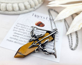 Tiger's Eye Pendant Necklace: Silver Bow Arrow Charm, 24-Inch Chain
