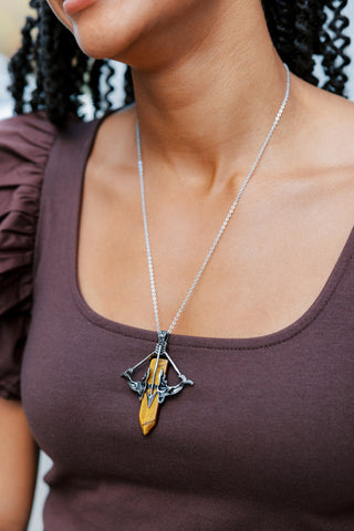 Tiger's Eye Pendant Necklace: Silver Bow Arrow Charm, 24-Inch Chain