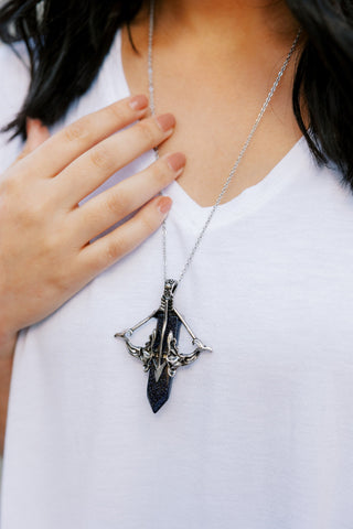 Blue Goldstone Archery Necklace: Stainless Steel Bow & Arrow Pendant