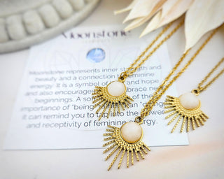 Moonstone Sunburst Pendant Necklace: Stainless Steel Celestial Jewelry