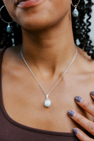 Raw Aquamarine Pendant Necklace: Natural Gemstone, Stainless Steel Chain