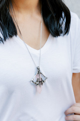 Rose Quartz Bow and Arrow Necklace: Stainless Steel Archery Jewelry