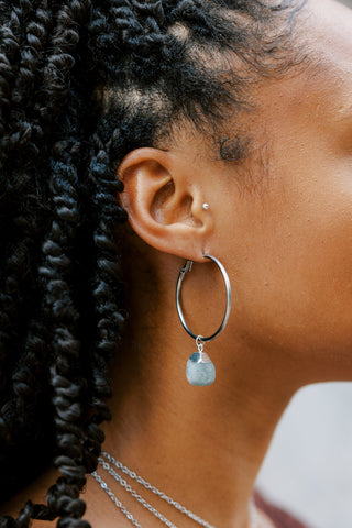 Aquamarine Dangle Hoop Earrings: Stainless Steel, Natural Gemstone
