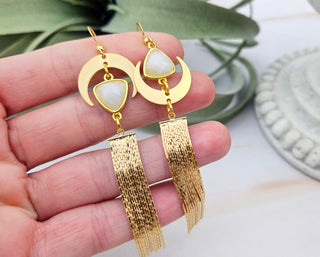Gold Moonstone Tassel Earrings: Celestial Asymmetrical Jewelry