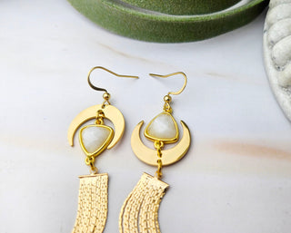 Gold Moonstone Tassel Earrings: Celestial Asymmetrical Jewelry