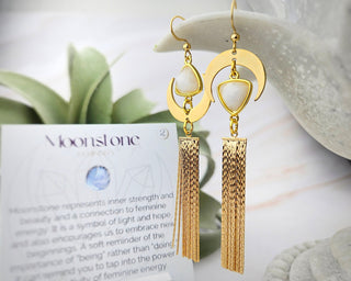 Gold Moonstone Tassel Earrings: Celestial Asymmetrical Jewelry