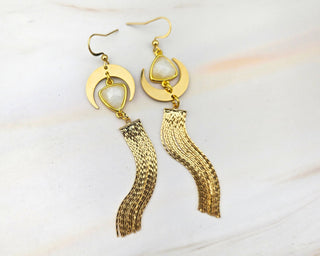 Gold Moonstone Tassel Earrings: Celestial Asymmetrical Jewelry