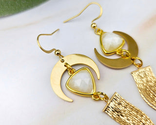 Gold Moonstone Tassel Earrings: Celestial Asymmetrical Jewelry