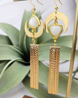 Gold Moonstone Tassel Earrings: Celestial Asymmetrical Jewelry