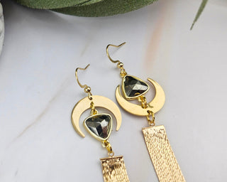 Mismatched Pyrite Tassel Earrings: Asymmetrical Moon Design