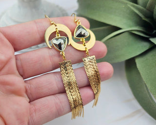 Mismatched Pyrite Tassel Earrings: Asymmetrical Moon Design