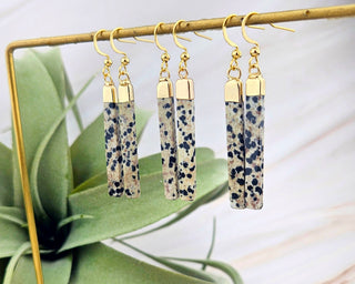 Dainty Dalmatian Jasper Earrings: Gold Stainless Steel Bar Earrings