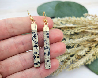 Dainty Dalmatian Jasper Earrings: Gold Stainless Steel Bar Earrings