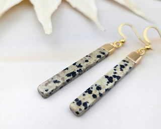 Dainty Dalmatian Jasper Earrings: Gold Stainless Steel Bar Earrings