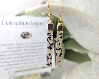 Dainty Dalmatian Jasper Earrings: Gold Stainless Steel Bar Earrings