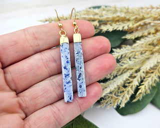 Dainty Sodalite Bar Earrings: Gold Stainless Steel, Geometric Jewelry