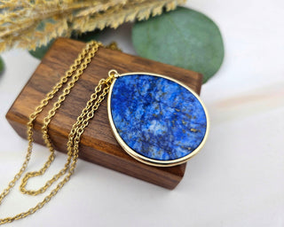 Lapis Lazuli Teardrop Pendant Necklace - Gold Stainless Steel Chain