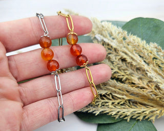 Carnelian Beaded Bracelet: Stainless Steel Paperclip Chain