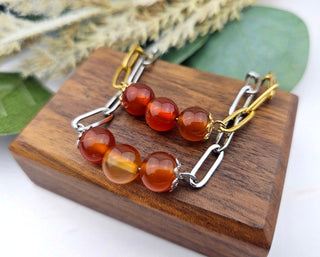 Carnelian Beaded Bracelet: Stainless Steel Paperclip Chain