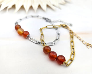 Carnelian Beaded Bracelet: Stainless Steel Paperclip Chain