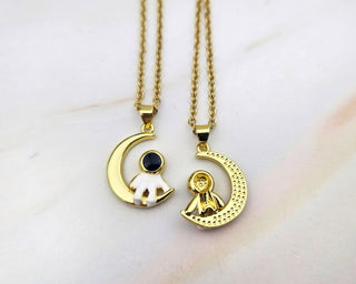 Astronaut Necklace: Gold Crescent Moon Pendant, Stainless Steel Chain