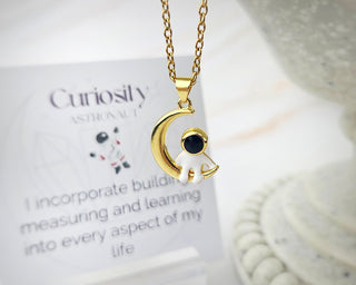 Astronaut Necklace: Gold Crescent Moon Pendant, Stainless Steel Chain