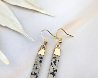 Dainty Dalmatian Jasper Earrings: Gold Stainless Steel Bar Earrings